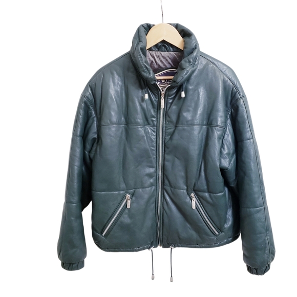 Vintage Unisex Hunter Green Leather Puffer Zip Up Boxy Jacket, Size M - Picture 10 of 10